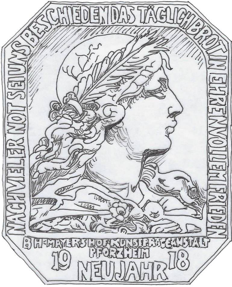 Zeichnung der Jahresmedaille des Jahres 1918 der B. H. Mayer's Hof-Kunstprägeanstalt Pforzheim