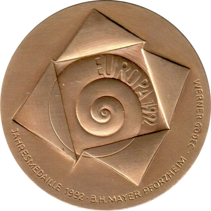 Jahresmedaille des Jahres 1992 der B. H. Mayer's Hof-Kunstprägeanstalt Pforzheim